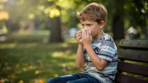 a boy with allergy sneezing into tissue